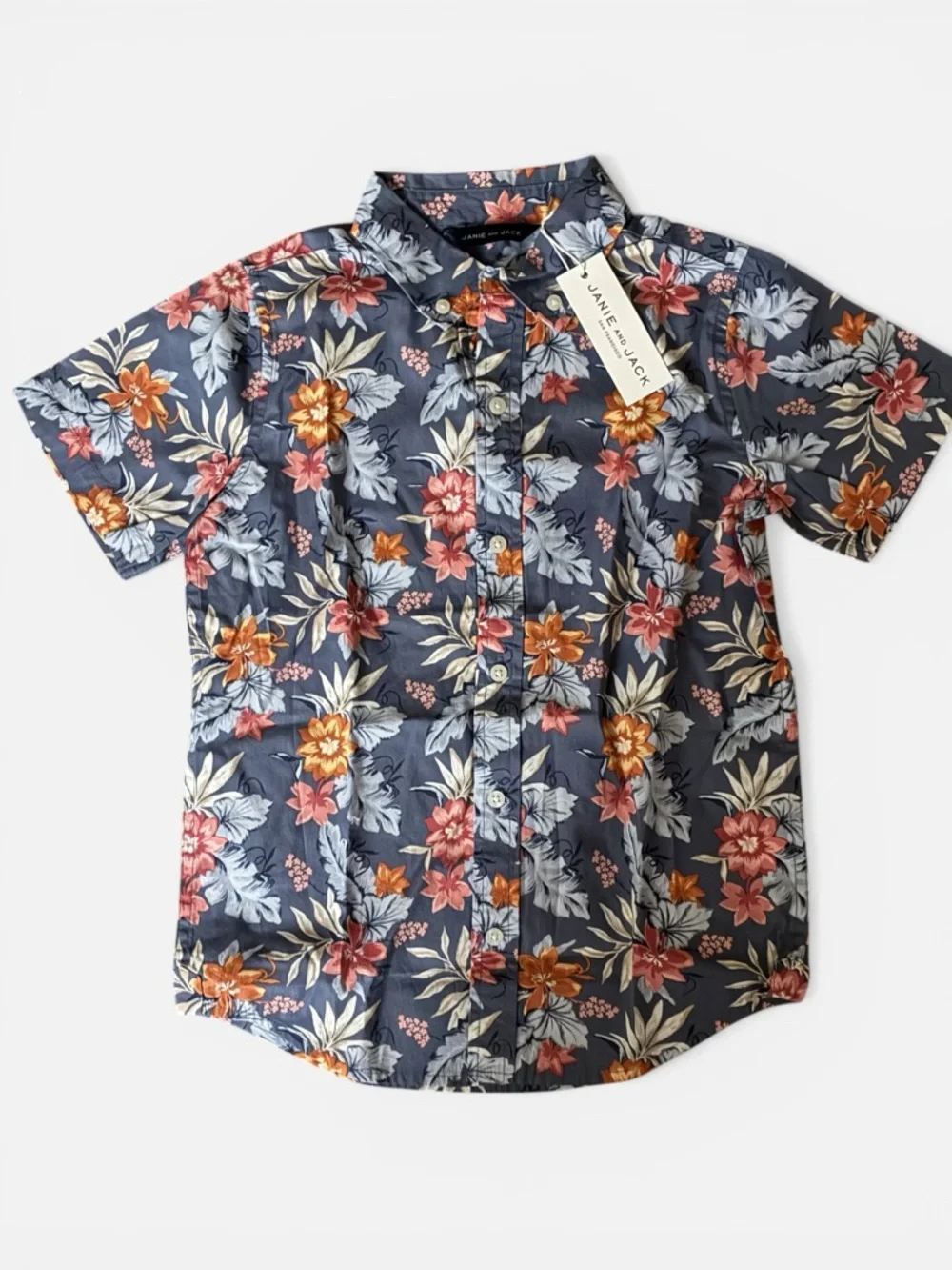NWT- Janie and Jack Blue Floral Short-Sleeve Button-Down Shirt - Picture 2 of 4